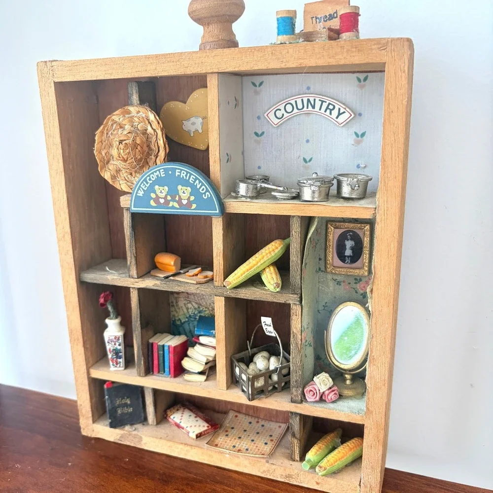 Vintage Wooden Shadow Box Miniature Country Kitchen Diorama Wall Hanging 8.5x7in